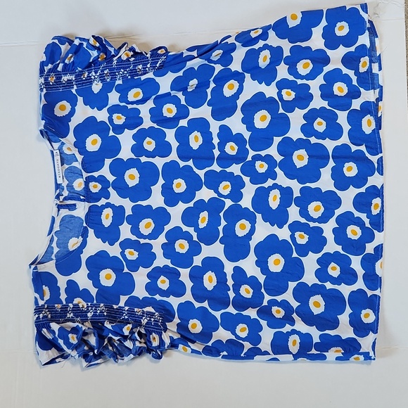 Tops - Blossoms Ruffled Sleeve Rayon Blue Gold Blouse - Medium